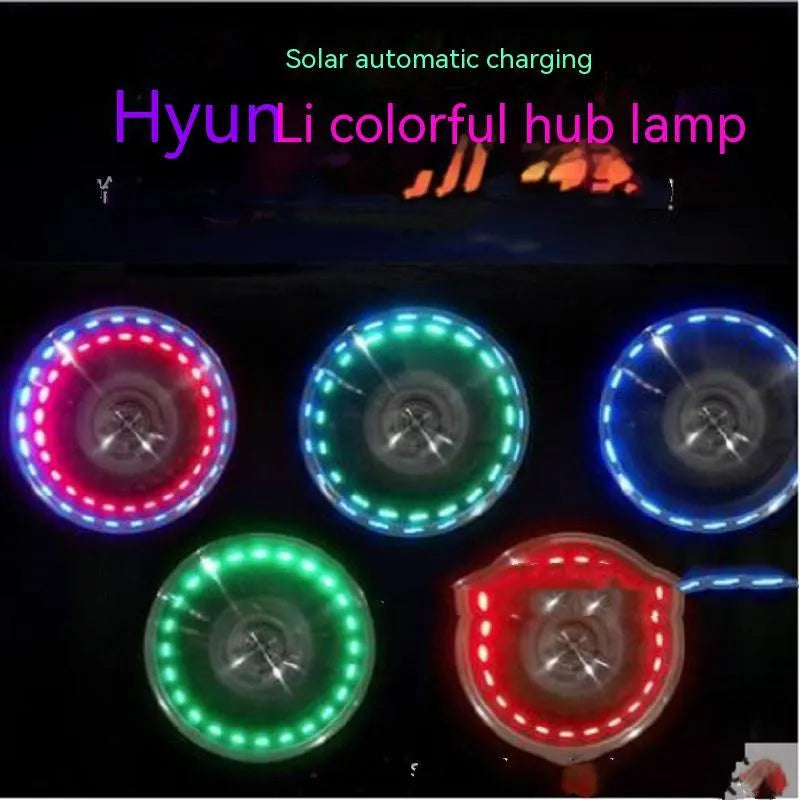 Solar LED car tyre valve light with 4.5 cm diameter and colour adjustable mode on a tyre valve