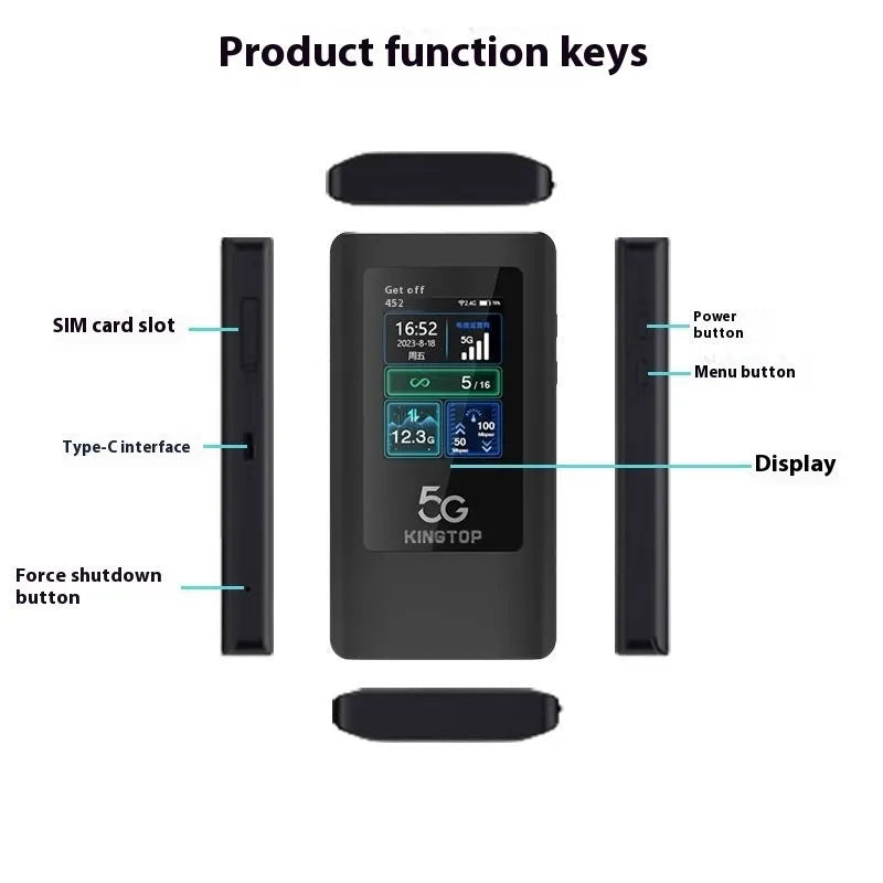 Black 5G portable Wi-Fi router with display screen, shown with charging cable and power adapter.