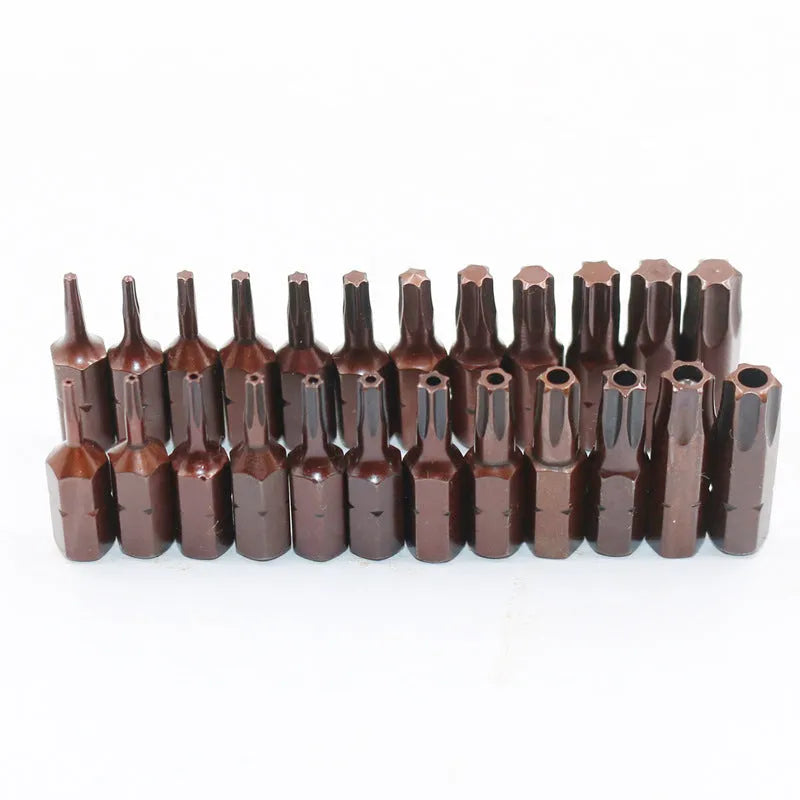 Black steel hex screwdriver bit set with sizes from T6 to T40 and magnetic tips.