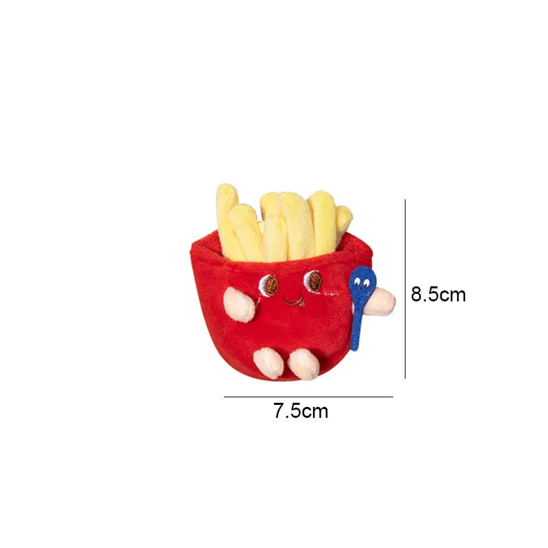 Set of five food-shaped cat chewing toys showing hamburger, chicken legs, fries, bread and hot dog designs