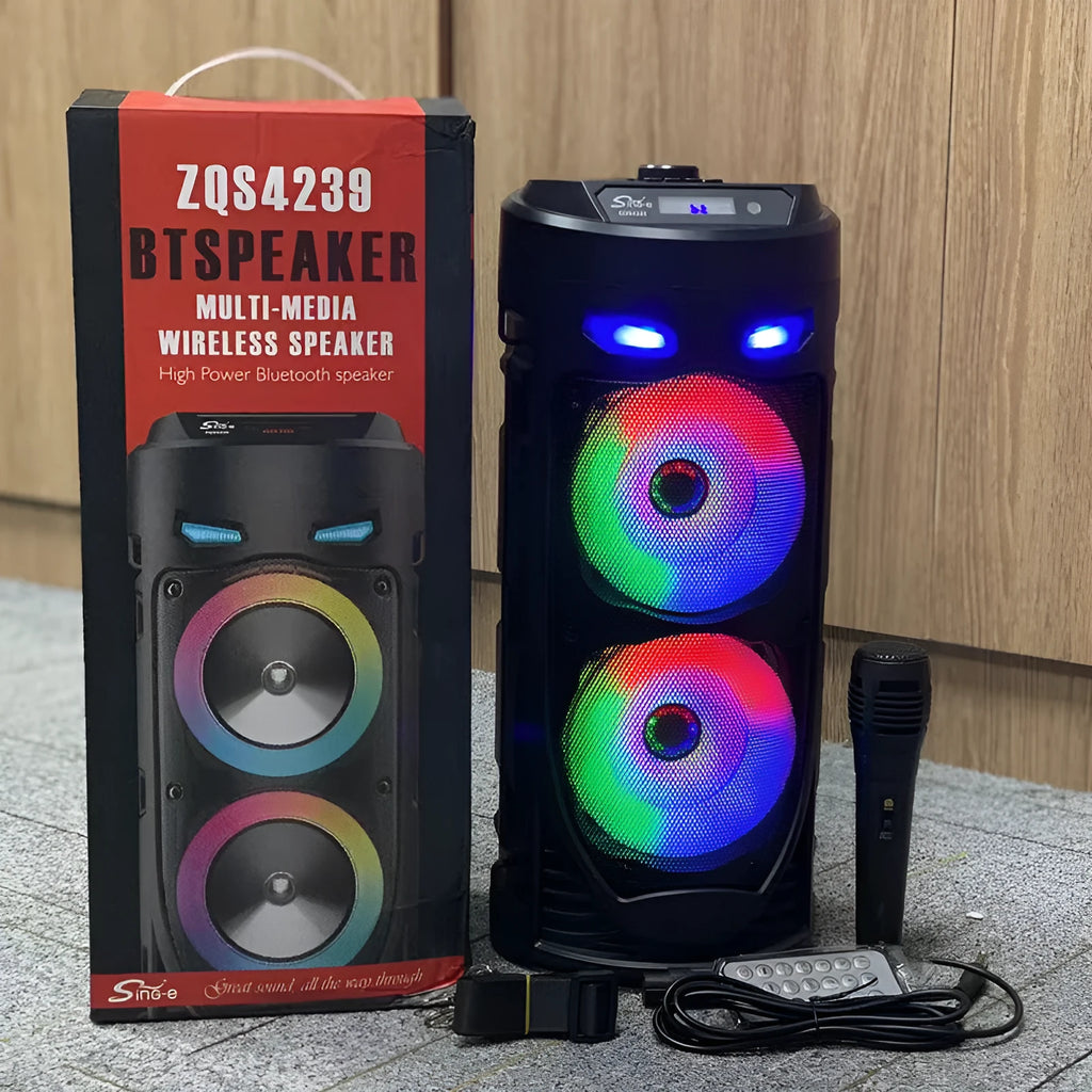 Black portable Bluetooth speaker with dual horn cannon design and compact dimensions