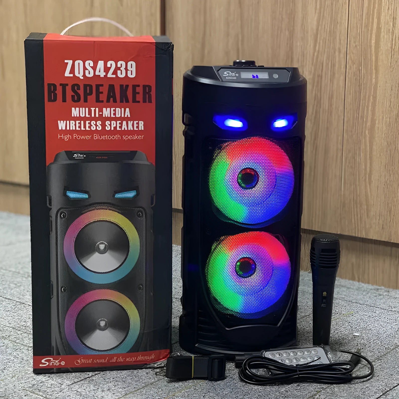 Black portable Bluetooth speaker with dual horn cannon design and compact dimensions