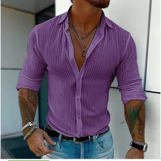 Men's striped British style cardigan shirt with long sleeves in polyester blend fabric