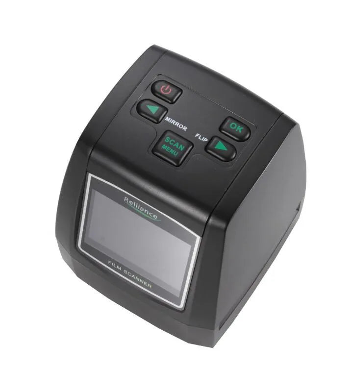 14 megapixel film scanner with 2.4 inch LCD screen showing a slide preview with USB cable