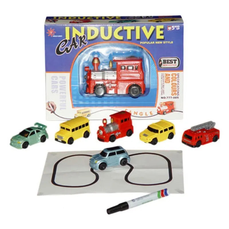 Mini magic pen inductive tank car toy with optical sensor follows drawn line on white paper