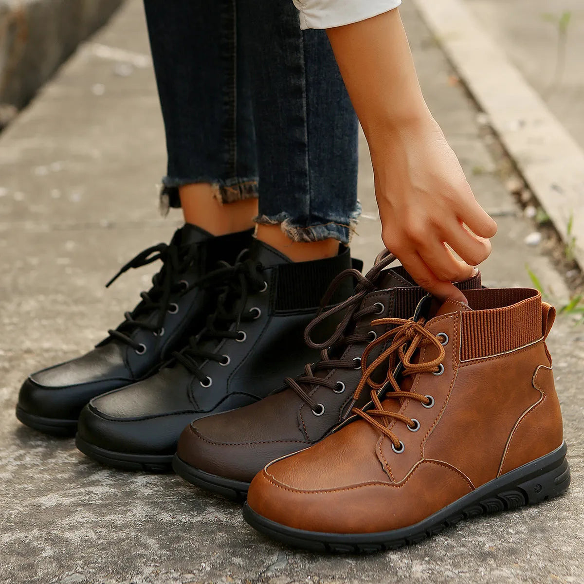 Women's round toe lace-up ankle boots with front strap, flat non-slip sole, retro Western style, brown yellow black, sizes 36-43