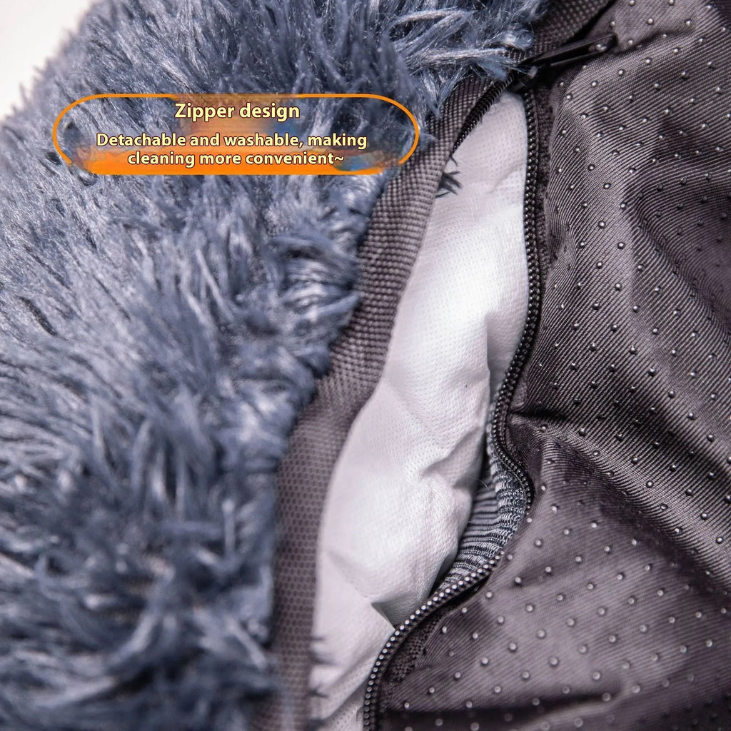 Dark grey thick cloth thermal pet mat shown on a car rear seat.