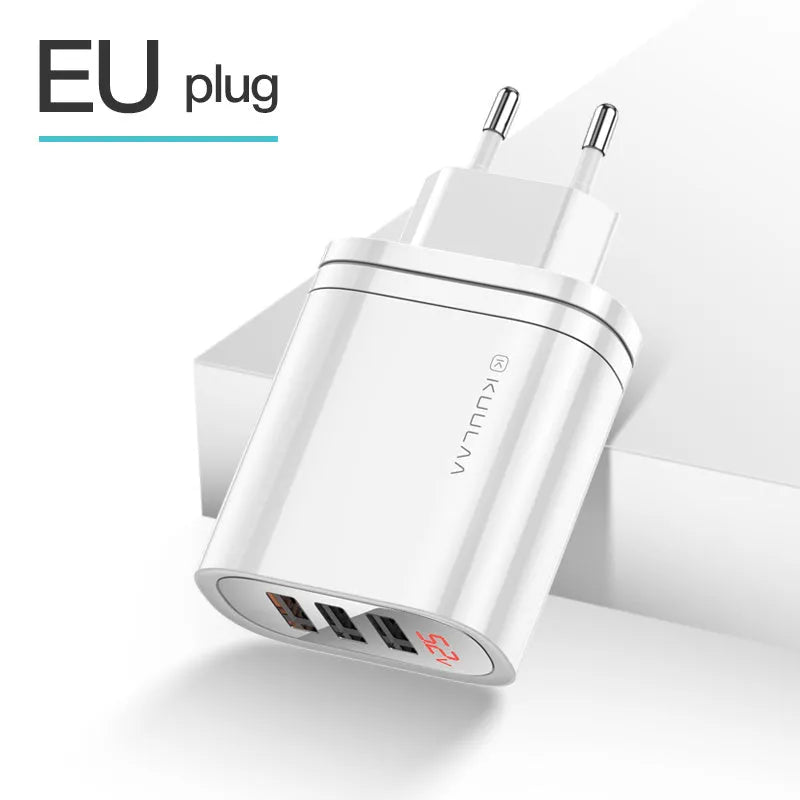 3 hole USB fast charge travel charger with LED indicator in black, showing EU plug attached