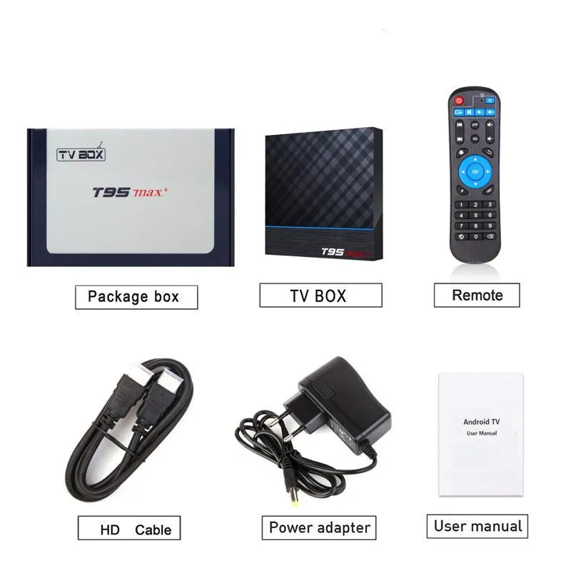 Black T95 Max Plus Android TV Box with remote control, showing ports for HDMI and power.