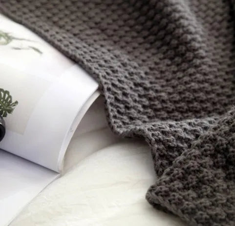 Nordic style fringed knit ball blanket in acrylic fabric, size 130x170cm, shown in beige colour