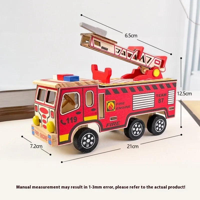 Colourful wooden fire truck model toy on a white background, 21.5cm long, bright default colour