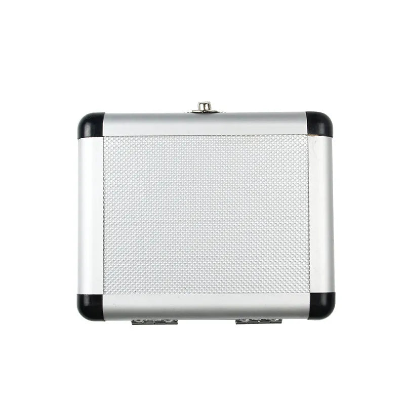 Gold-coloured aluminium storage box with steel plate opening, showing scale with a 58-80 mm length.
