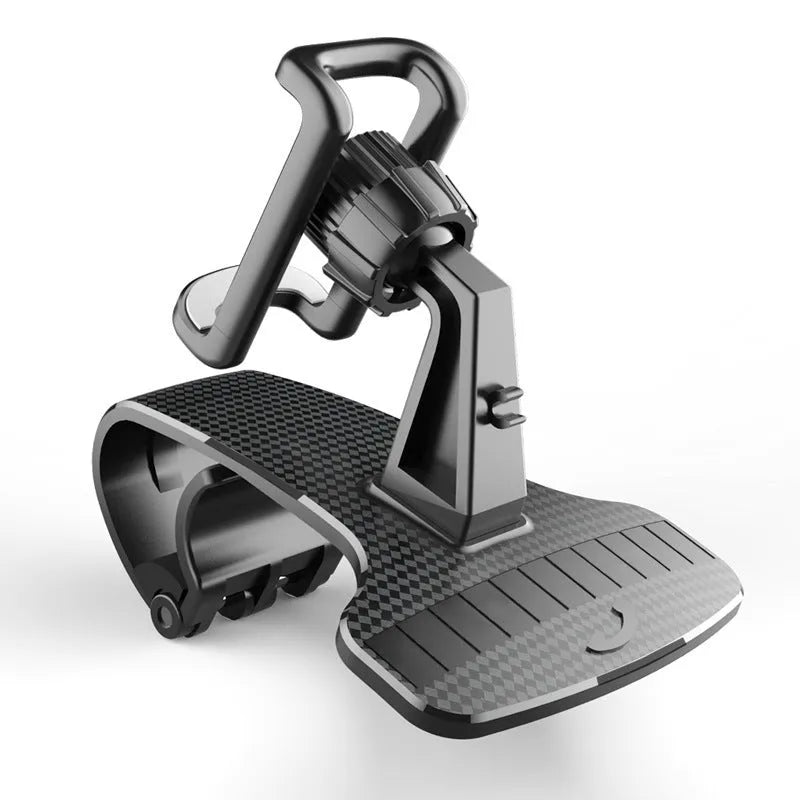 Black car phone holder with adjustable arms and a 360-degree rotating head mounted on a car air vent.