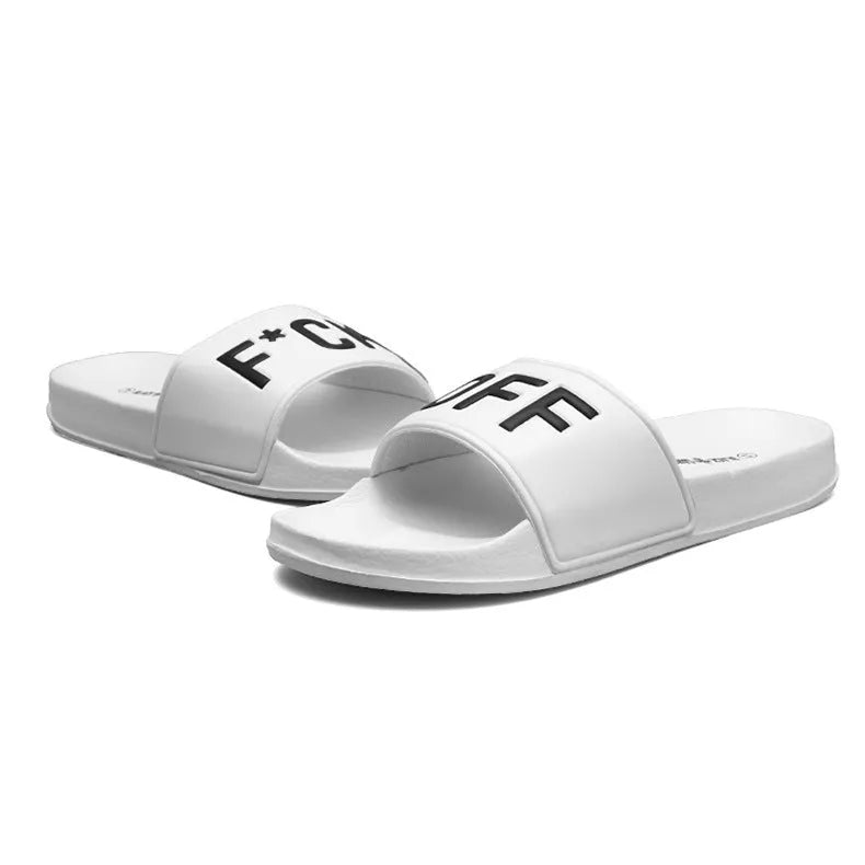 Large size men's open-toe personalised slippers with a black rubber sole on a white background.