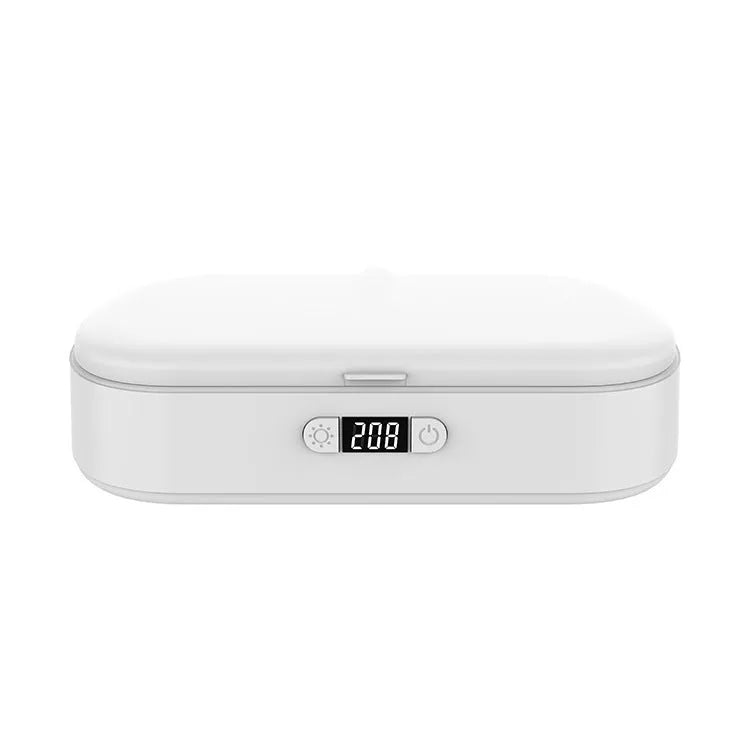 White rectangular wireless UV steriliser box with aromatherapy function for phones and small items.