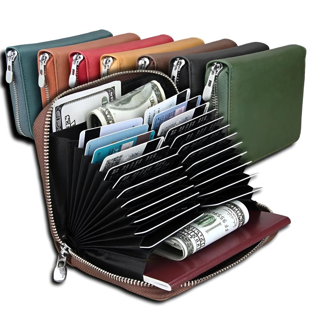 Expanding genuine cowhide leather passport card holder in ink black colour with multiple card slots