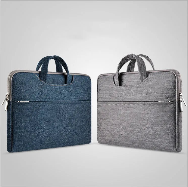 Waterproof denim laptop bag for 11.6 inch, 13.3 inch, and MacBook 12 inch, in denim blue or denim gray.
