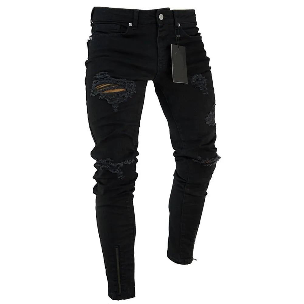 Men's black low waist stretch polyester casual pencil trousers
