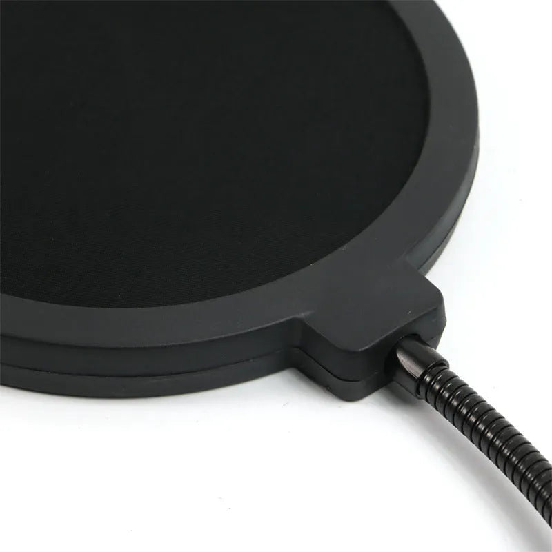 Black microphone anti-spray shock mount with elastic suspension bands on a stand