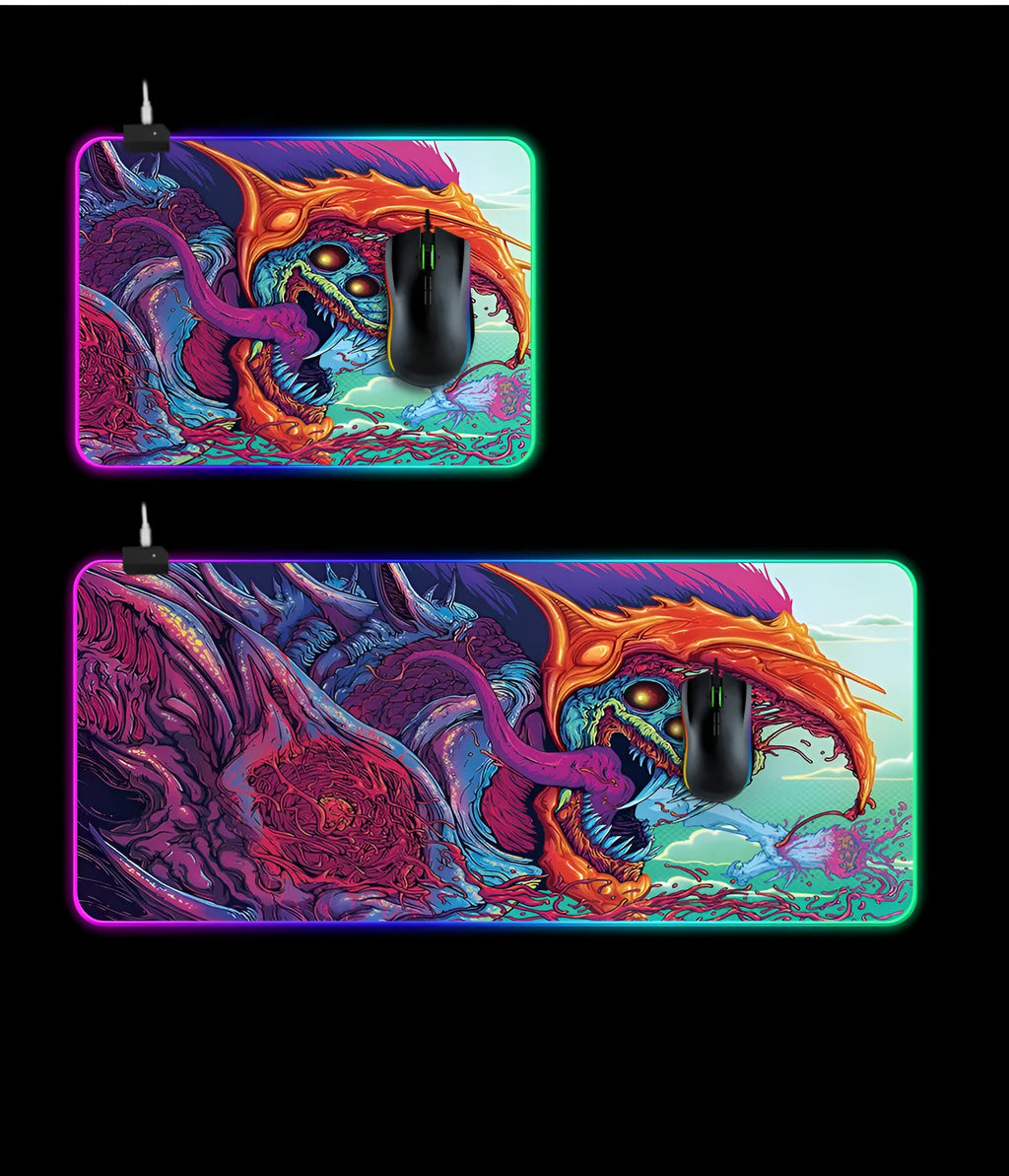 Symphony RGB light-emitting gaming mouse pad with cloth surface and rubber base, available in 300x600x4mm and 800x300x4mm sizes