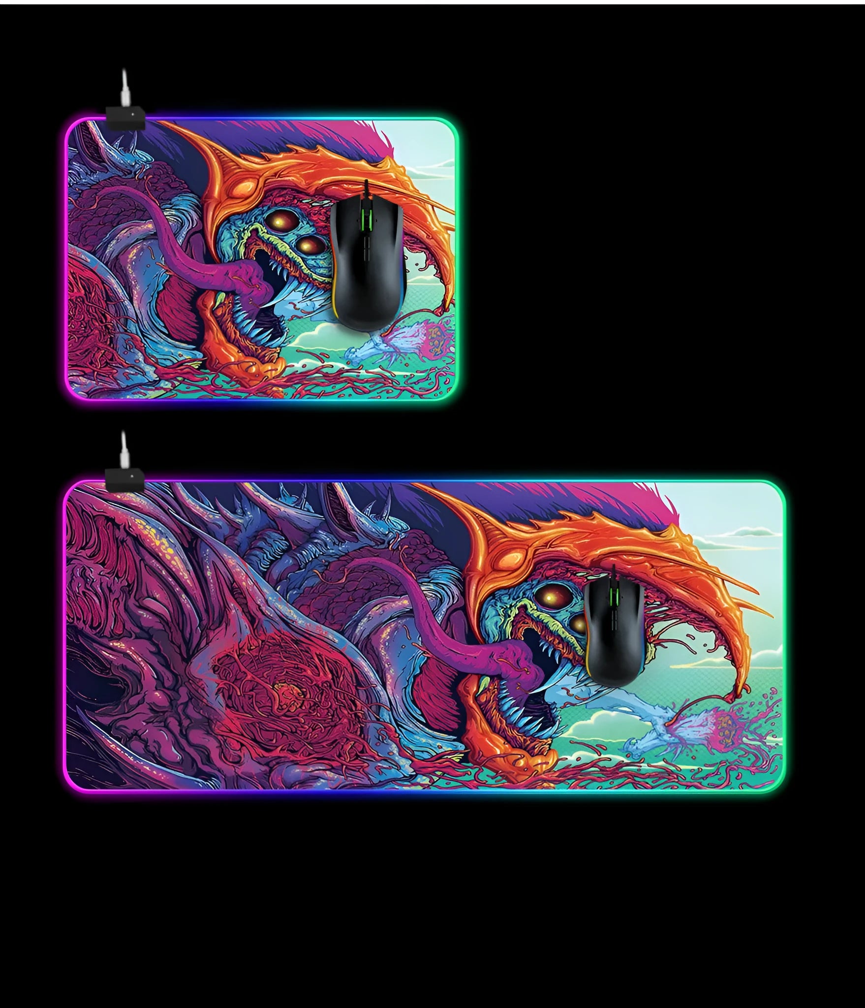 Symphony RGB light-emitting gaming mouse pad with cloth surface and rubber base, available in 300x600x4mm and 800x300x4mm sizes