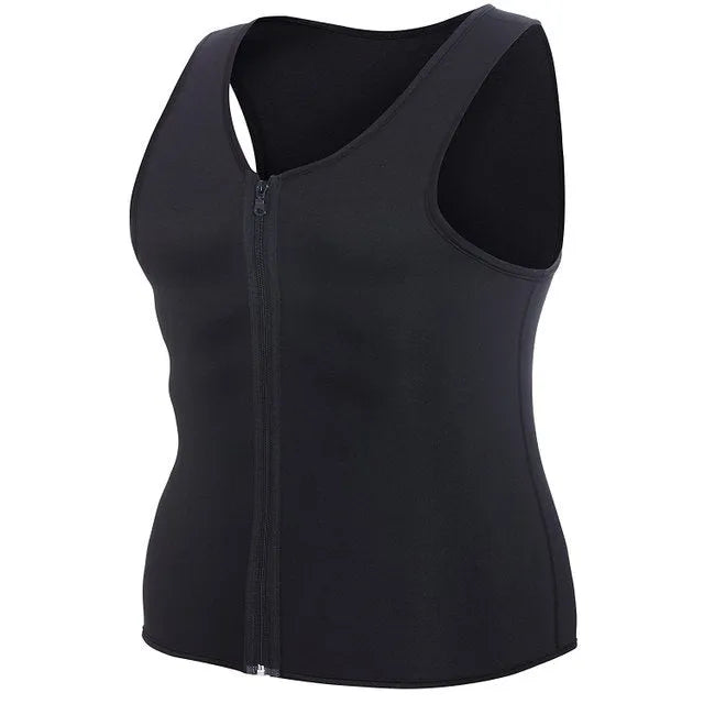 Black fitness sweat zipper vest with full zip front, chlorofibre nylon blend