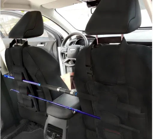 Black nylon Oxford cloth fishing rod holder mounted on car seat headrest with neoprene rod wrap, three-stroke capacity