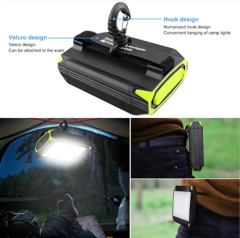Rechargeable LED camping lantern with 5400mAh USB power bank, 30 LEDs, and nine light modes, black aluminium alloy and ABS body