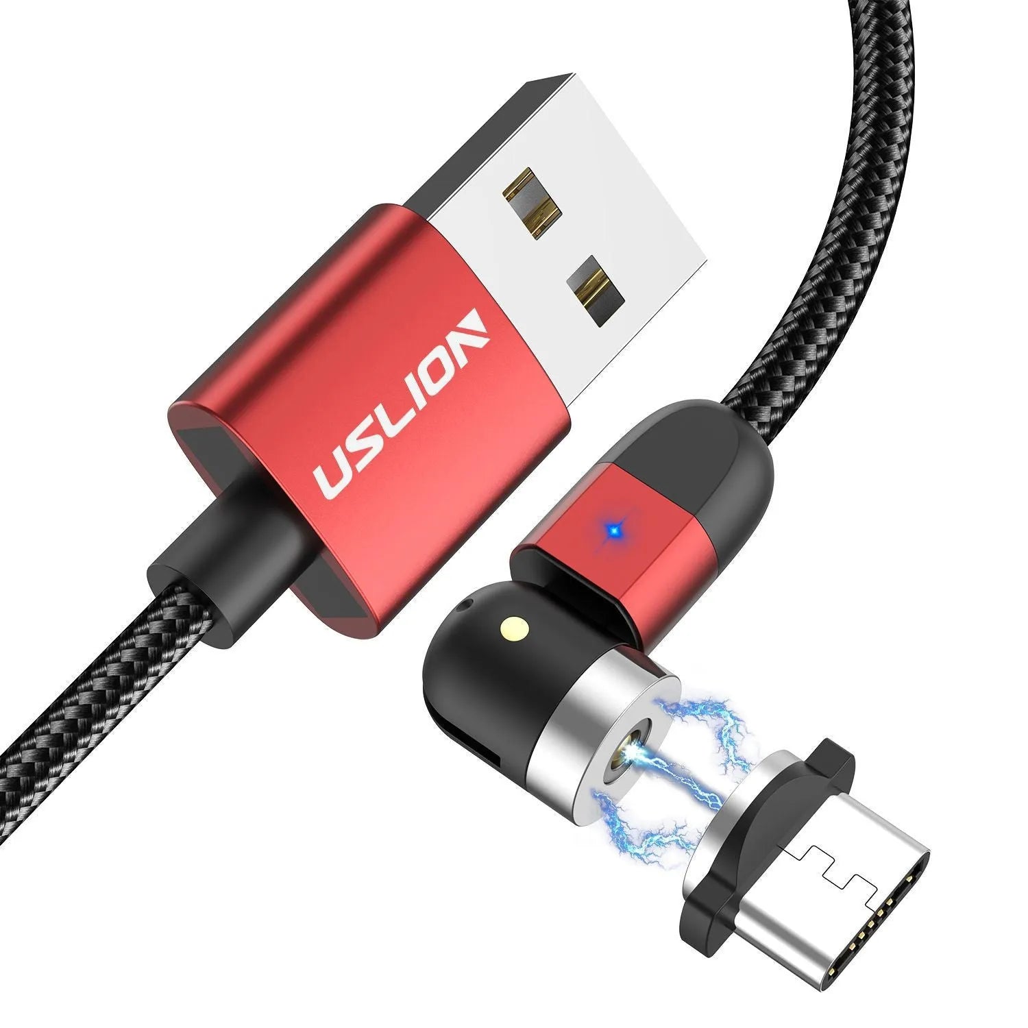540° magnetic three-in-one data cable with aluminium alloy connector, TPE jacket, and LED indicator light on a table next to a smartphone