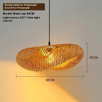 Woven bamboo straw hat-shaped hanging chandelier lamp showing natural texture and circular form