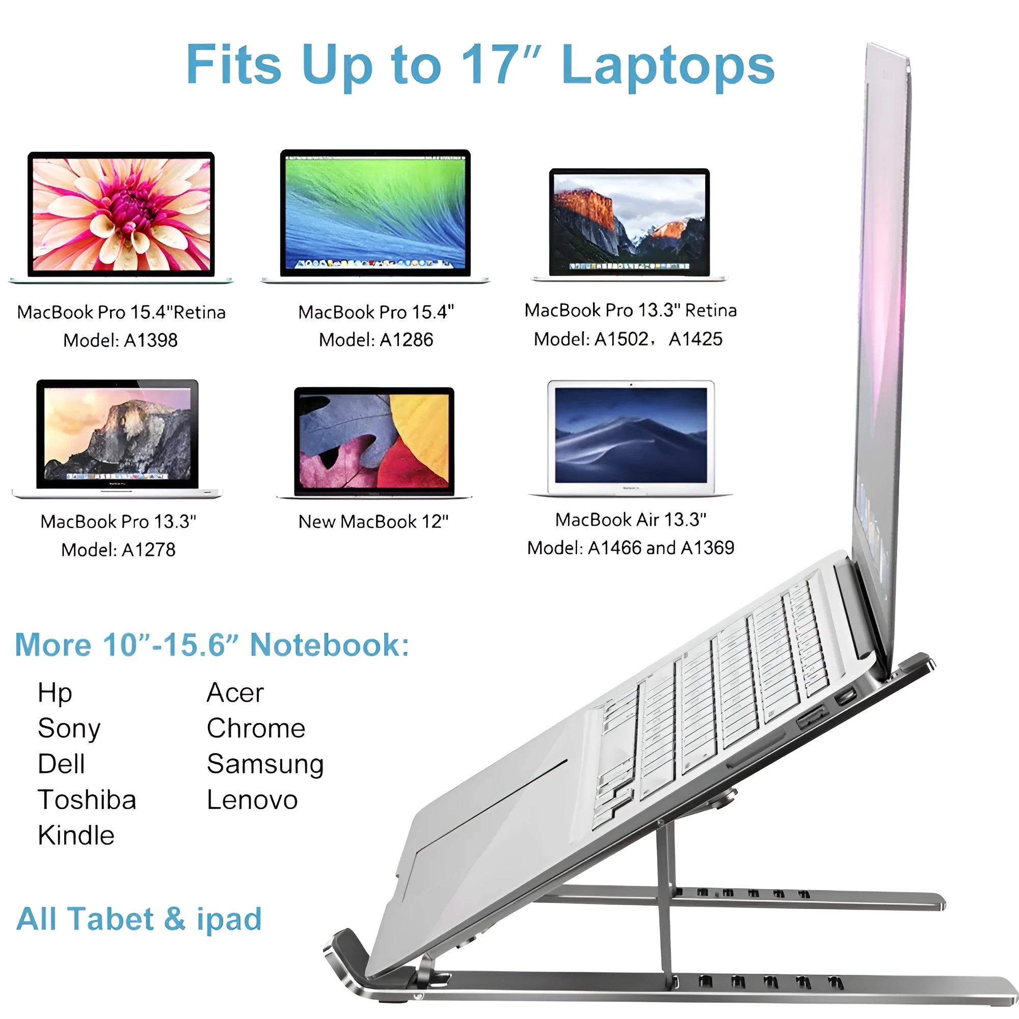 Silver aluminum folding laptop stand shown at an angle on a desk