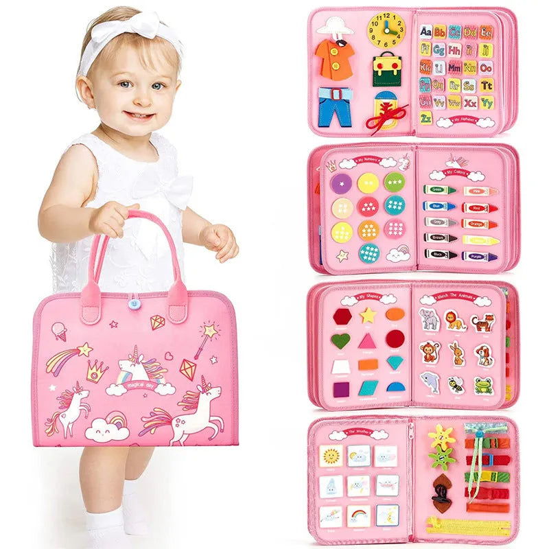 28x44cm chemical fibre felt busy board for baby early education in white, blue and green dinosaur or pink options