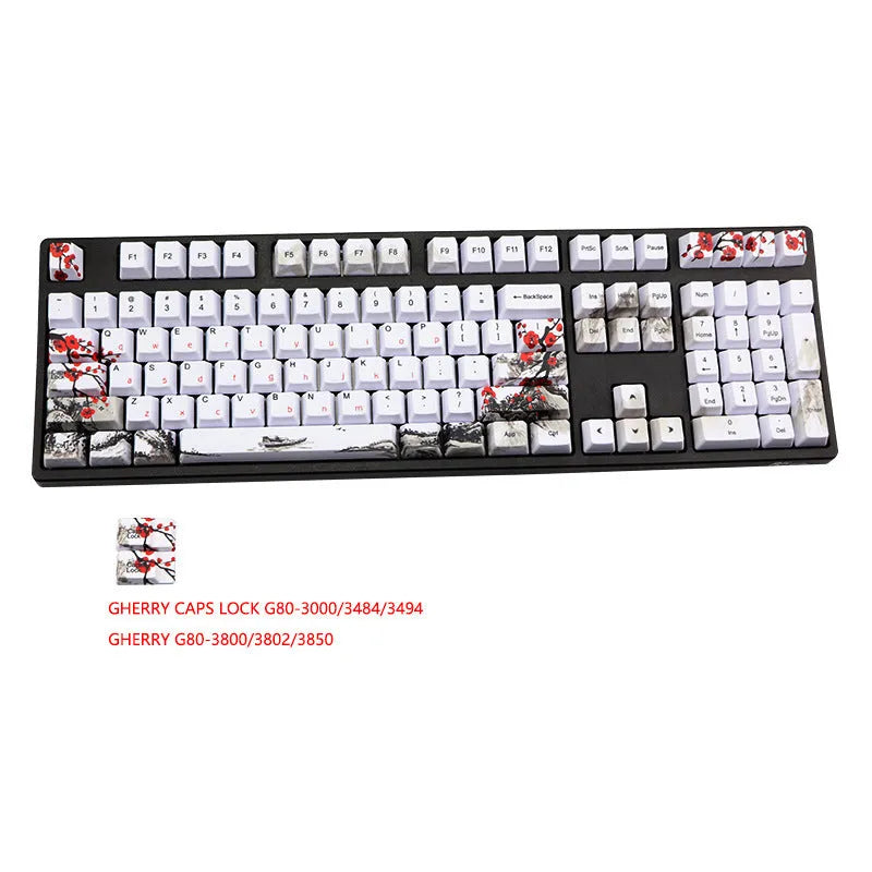 PBT Wangjiang plum 109-key keycap set with five-sided sublimation, OEM height, in Japanese layout on a mechanical keyboard