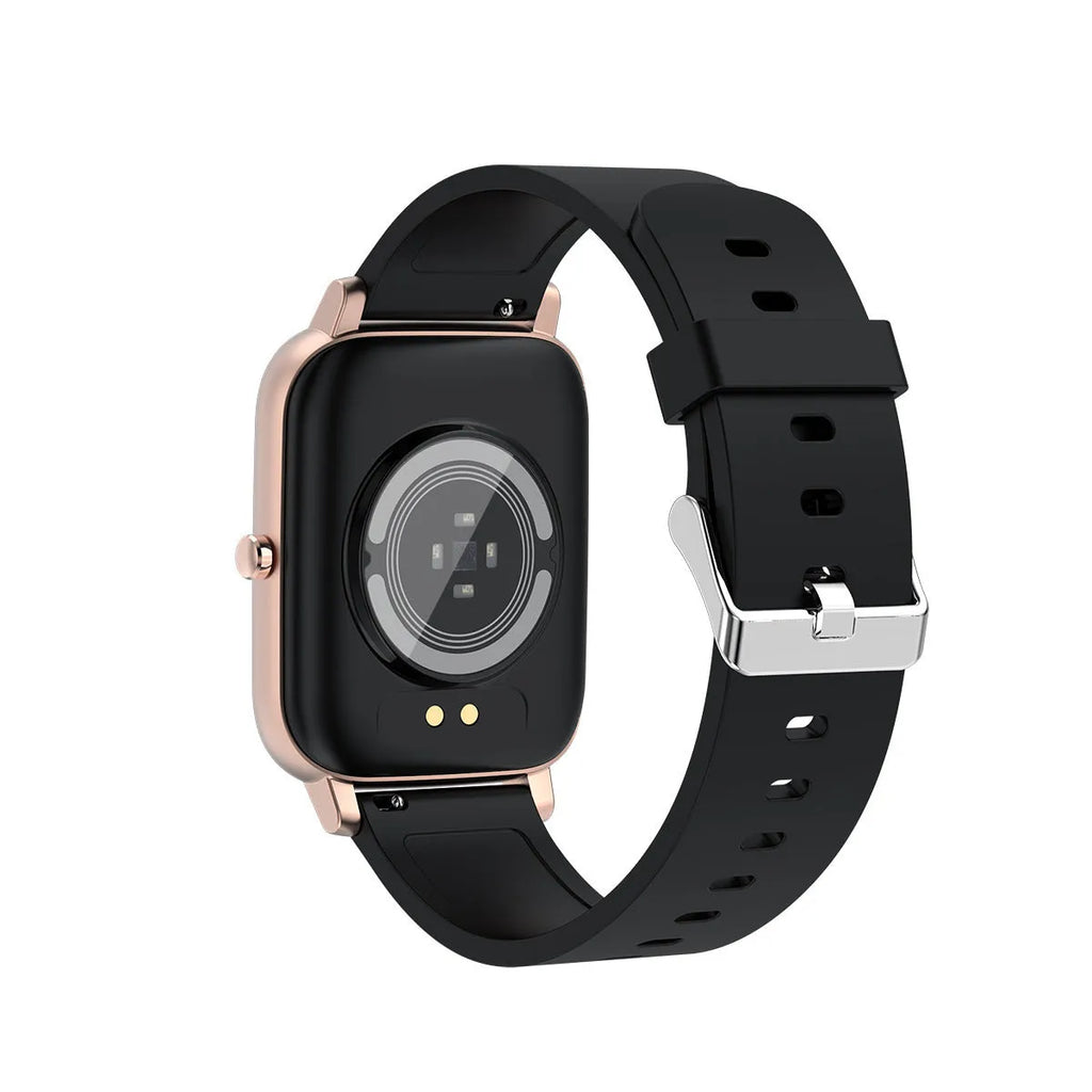 H80 black smartwatch with ECG monitoring on a wrist, showing heart rate data on its 1.69-inch screen.