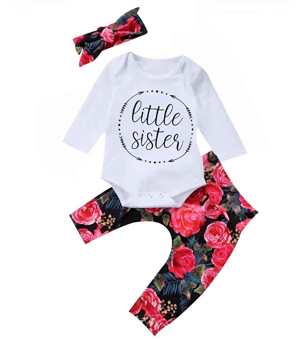 Girls autumn three-piece cotton suit with long sleeves, flower print top, and matching hair band