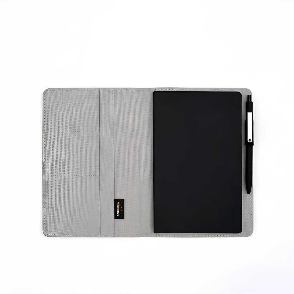 A5 black PU cover notebook set with envelope and MIDOT neutral pen on white background