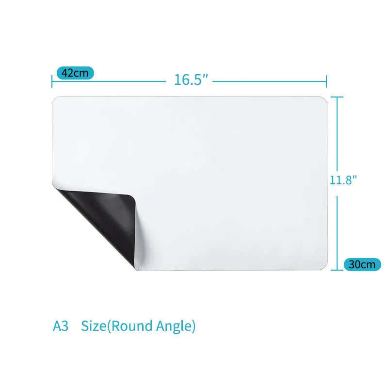 A3 magnetic soft whiteboard as rounded fridge magnet on a refrigerator door showing written notes