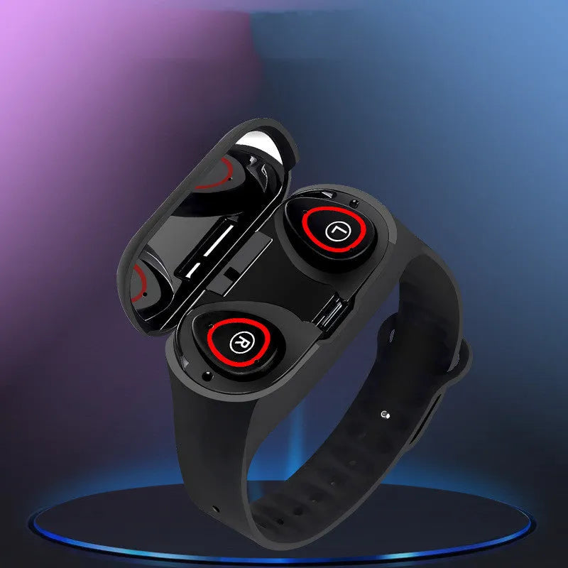 Blue silicone smart bracelet with integrated earphones and a 1-inch screen for fitness tracking