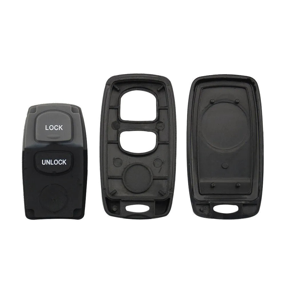 Black Mazda two button remote control shell with copper key blade and button skin