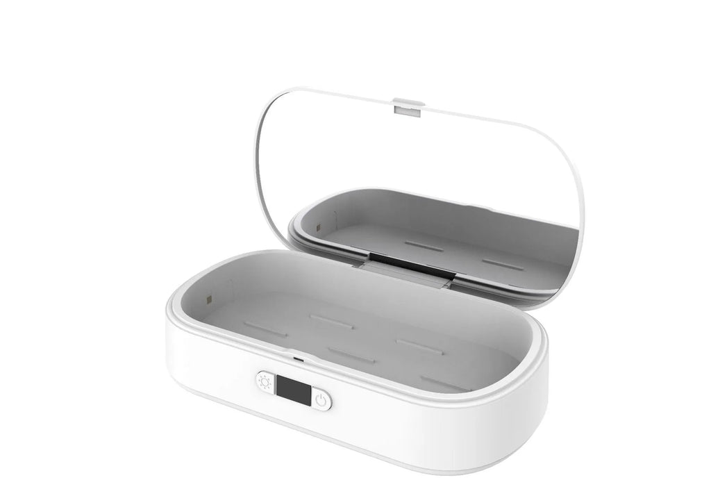 White rectangular wireless UV steriliser box with aromatherapy function for phones and small items.