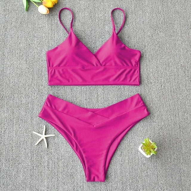 Women's two piece swimwear set in polypropylene fibre, available in twelve colours and sizes S to XL, shown as a bikini.