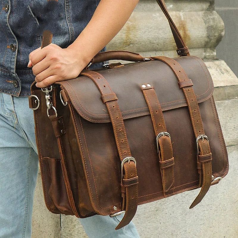 Crazy Horse leather tote bag in brown black, horizontal square shape, 42cm long