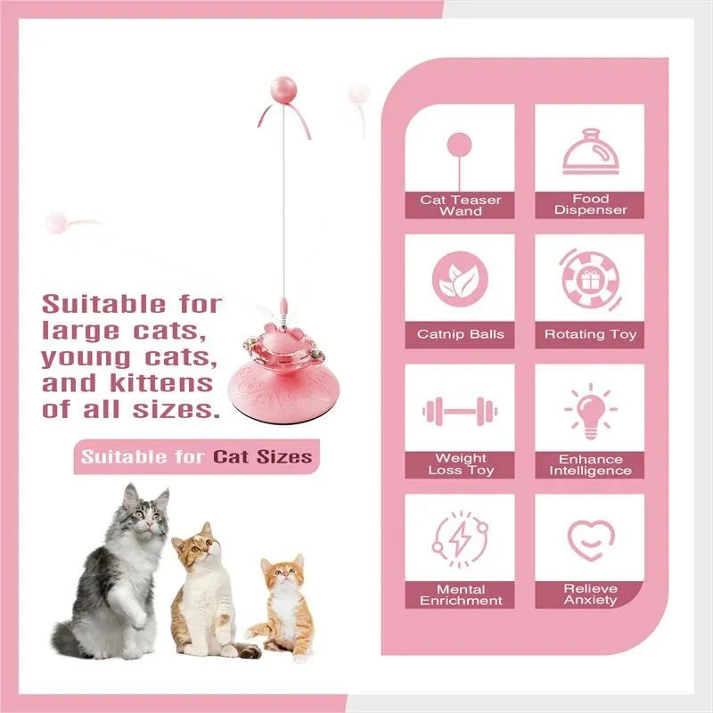 Cat teaser wand with suction cup spring toy in three colours: pink, purple, yellow, measuring 13x13x36 cm