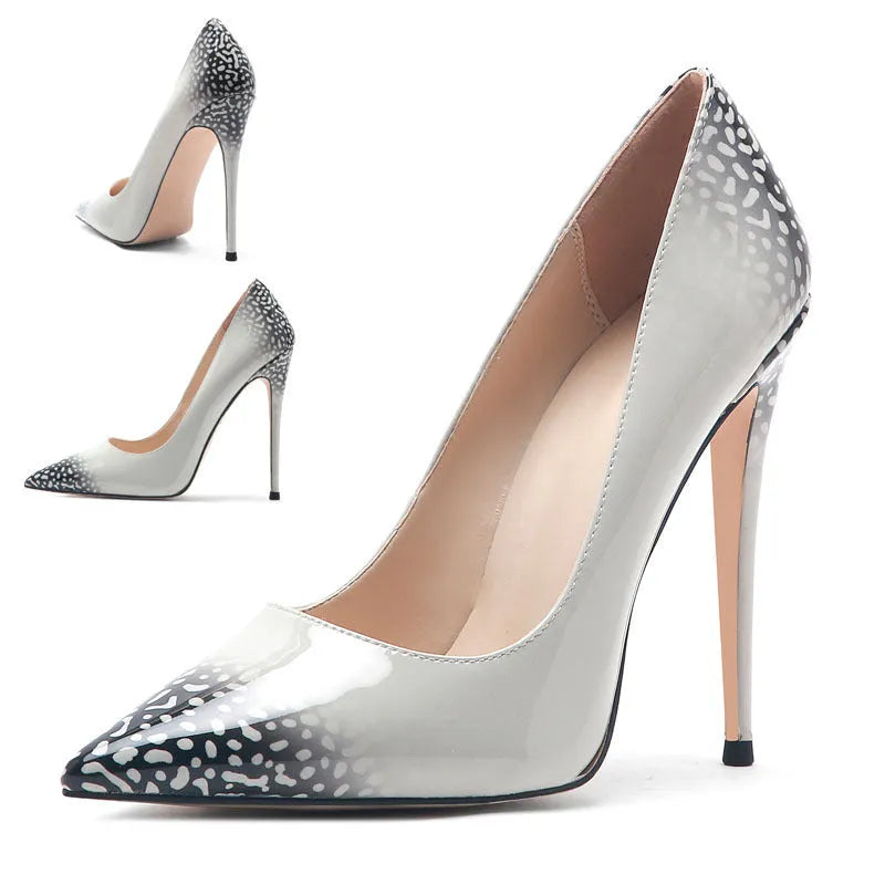 3D printed high heels in black grey with 12cm heel, breathable microfiber upper, and non-slip rubber sole