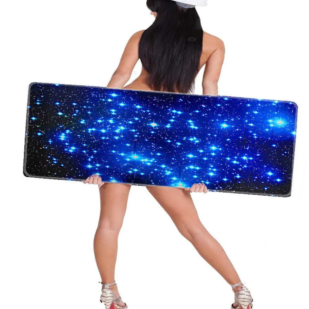 Blue star mouse pad with high-density fabric surface and anti-skid rubber base on a desk