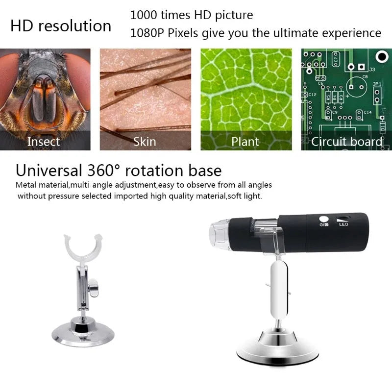 Black digital microscope with 8 LED lights and bracket for phone camera use, 1000x magnification for laboratory