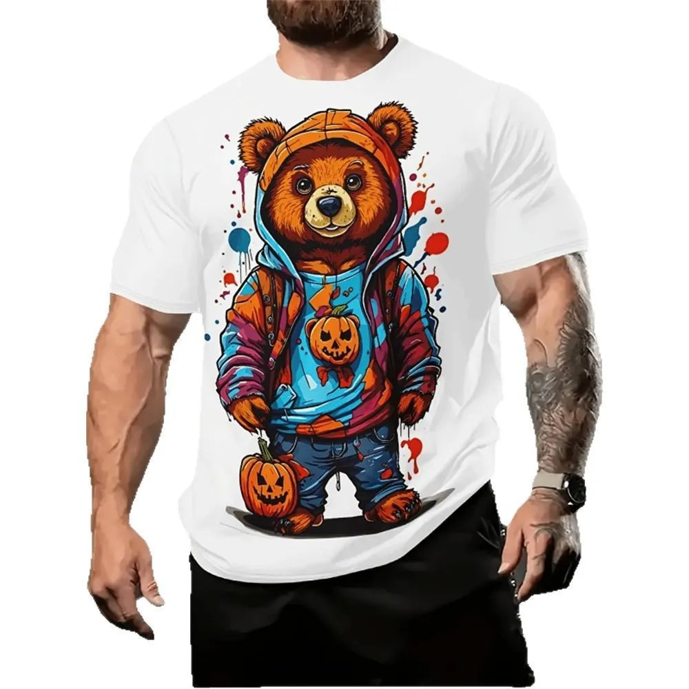 Man wearing a loose, short-sleeve linen shirt with a colourful 3D cartoon print design.