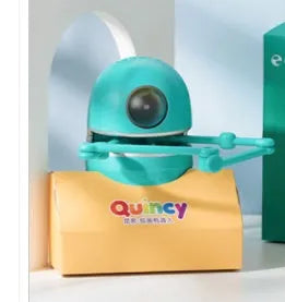 Children painting robot with English voice guidance on a table, showing drawing cards and suction cup base