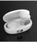 Black and white wireless Bluetooth in-ear headphones with compact charging case