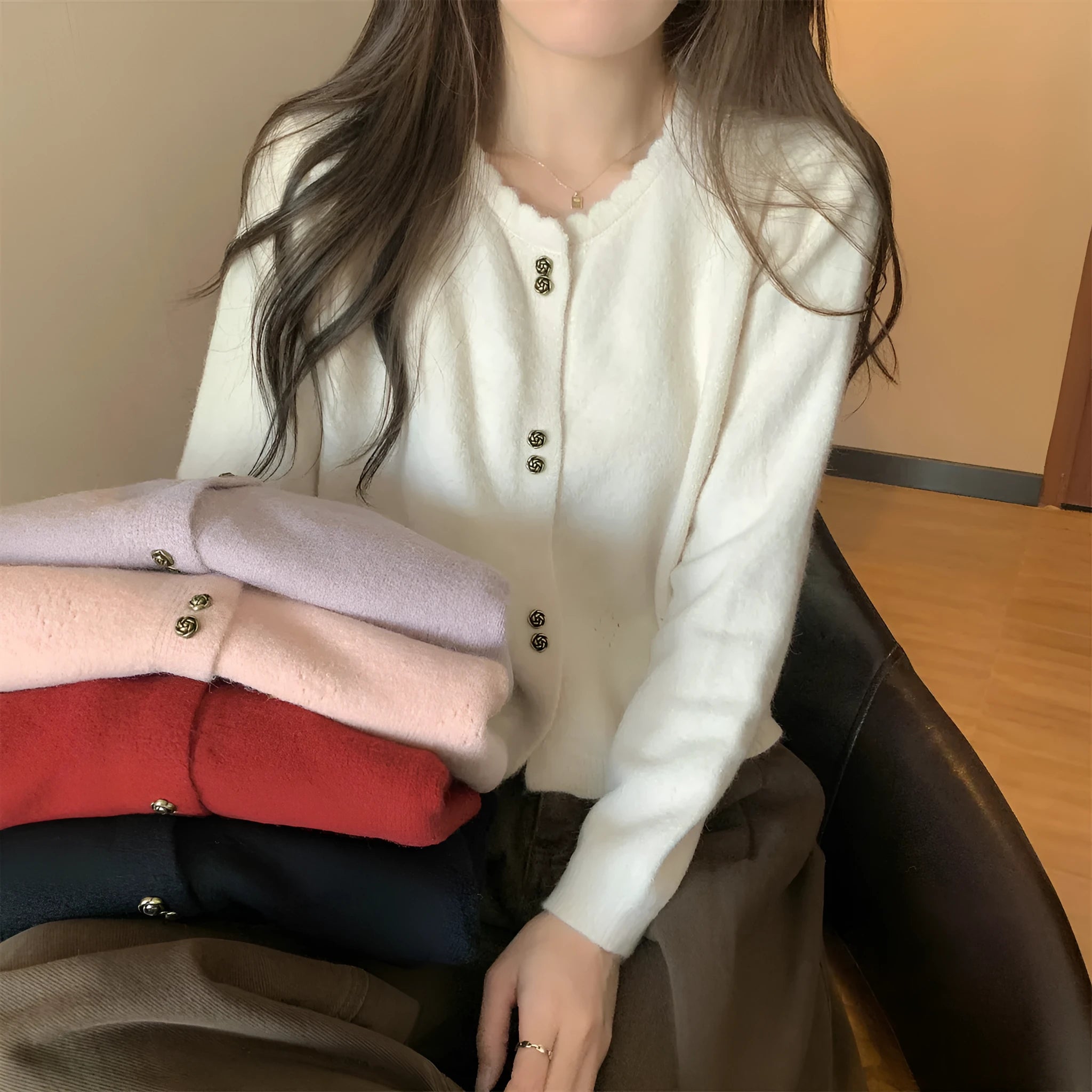 Women's acrylic fibre sweater cardigan coat in five colours with long sleeves